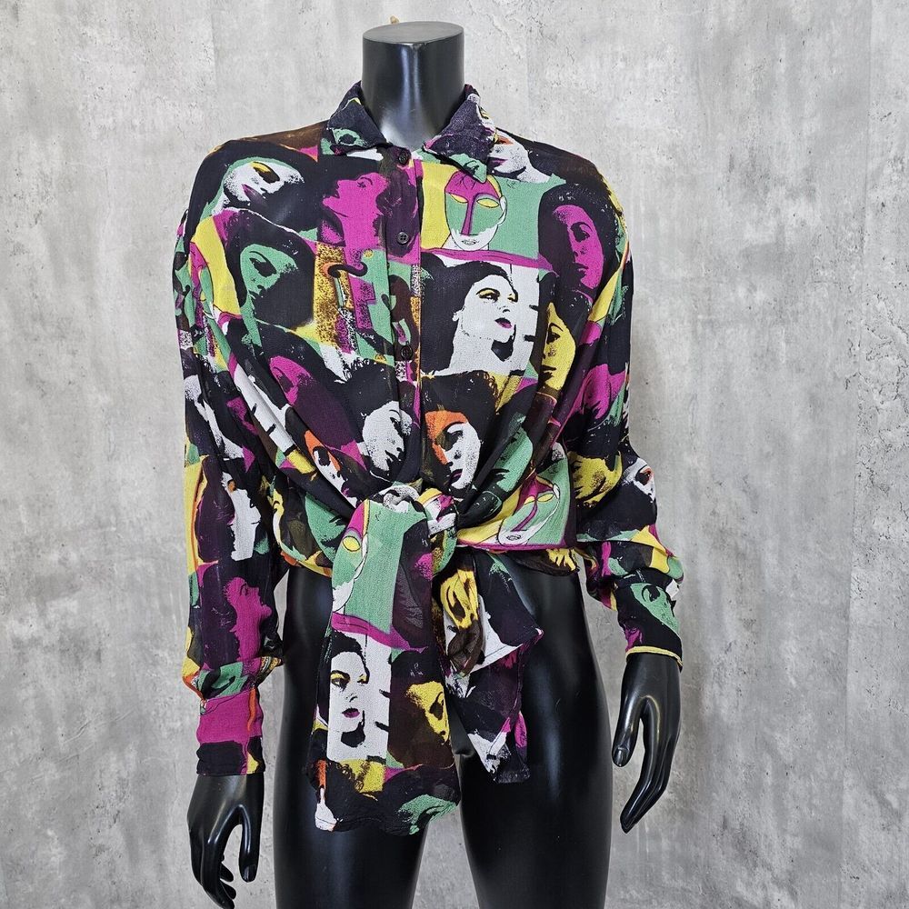 Vintage 80s Tramp Brand Sheer Fabric Pin Up Faces‎ Vamp Rayon New Wave Blouse